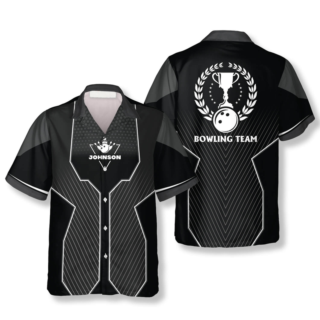 Custom Black Sports Style Trophy Emblem Custom Bowling Hawaiian Shirt, Uniform Shirt for Team Bowling