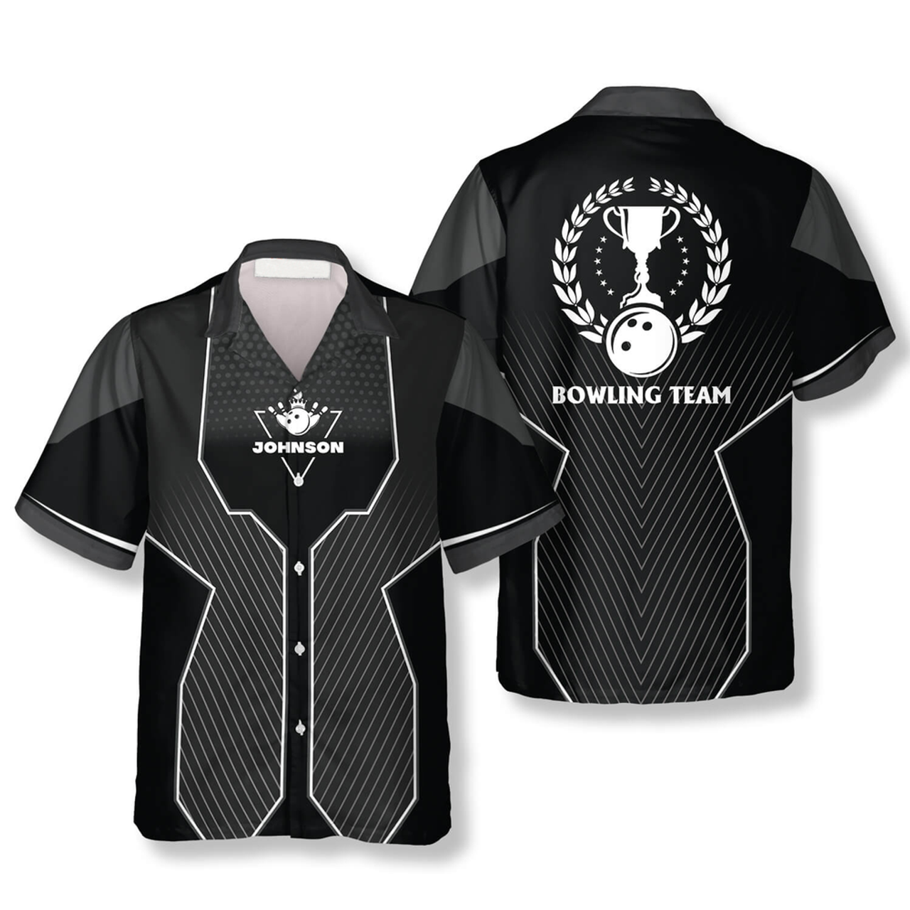Custom Black Sports Style Trophy Emblem Custom Bowling Hawaiian Shirt, Uniform Shirt for Team Bowling