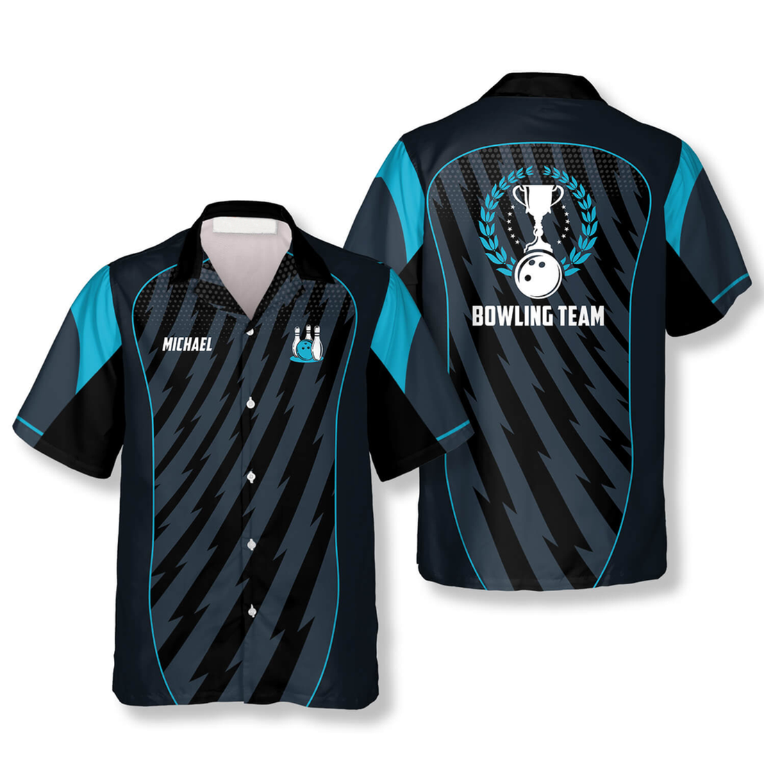 Custom Blue Sports Style Trophy Emblem Custom Bowling Hawaiian Shirt, Uniform Team Bowling Shirt