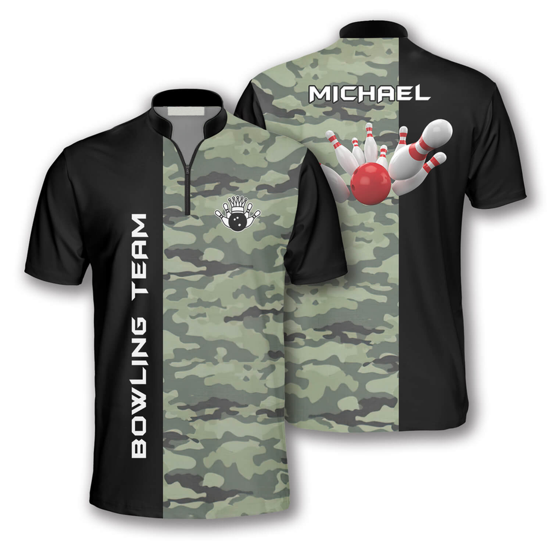Custom Zipper Polo Shirt Camo & Black Custom Bowling Jerseys for Men, Idea Gift for Bowler