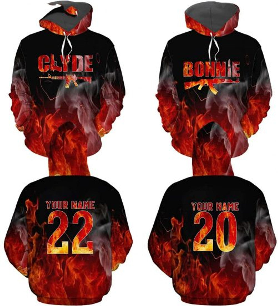 FUNSTUFFPRINT Personalized Clyde Bonnie Couple 3D All Over Hoodie Fire 3D Hoodie and Zip Hoodie