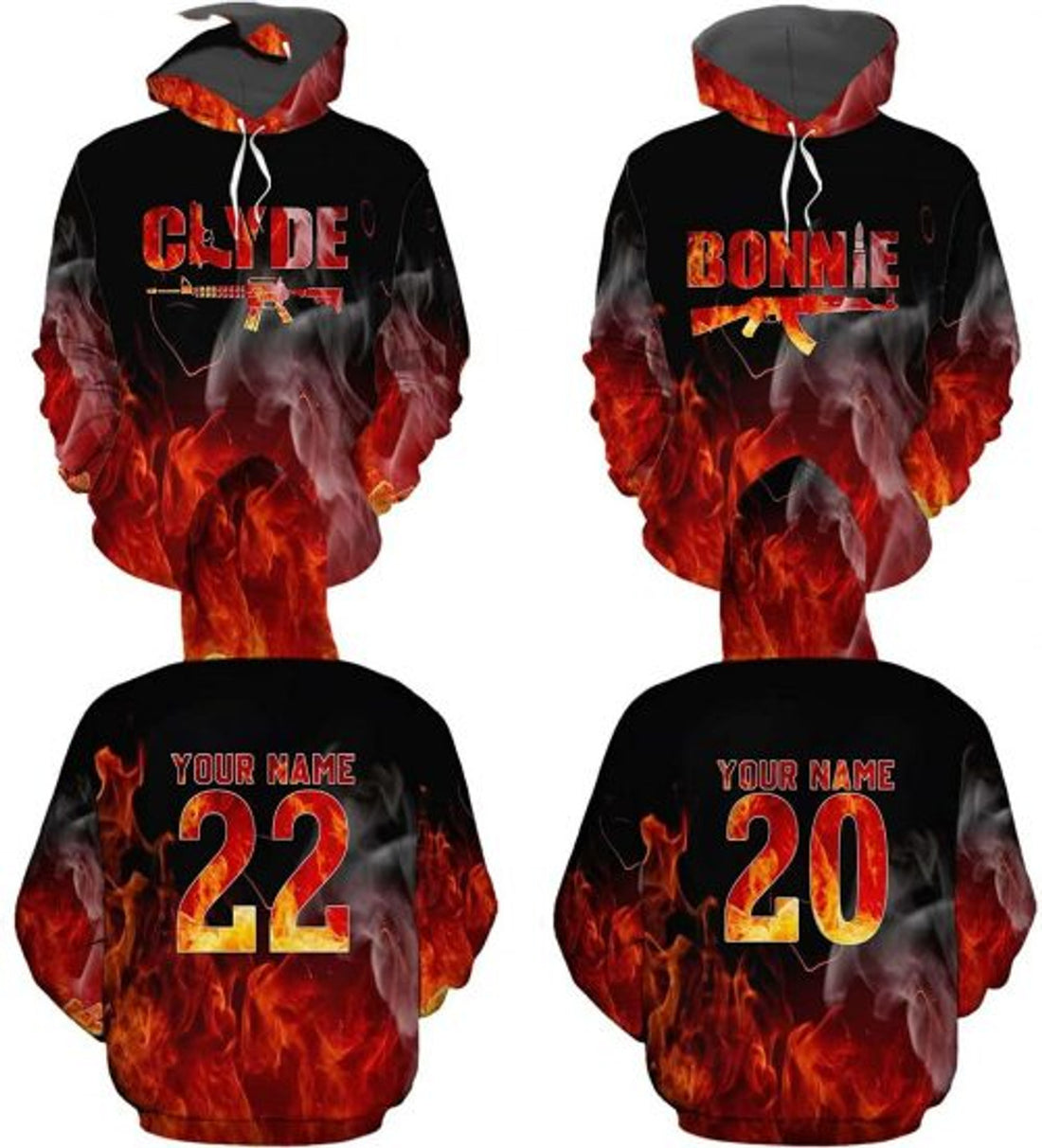 FUNSTUFFPRINT Personalized Clyde Bonnie Couple 3D All Over Hoodie Fire 3D Hoodie and Zip Hoodie