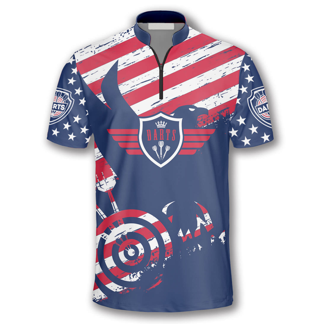 Custom Patriotic Flag Red Blue Custom Darts Jerseys for Men, Crown Dart Shirt, Flag USA Zipper Polo Shirt