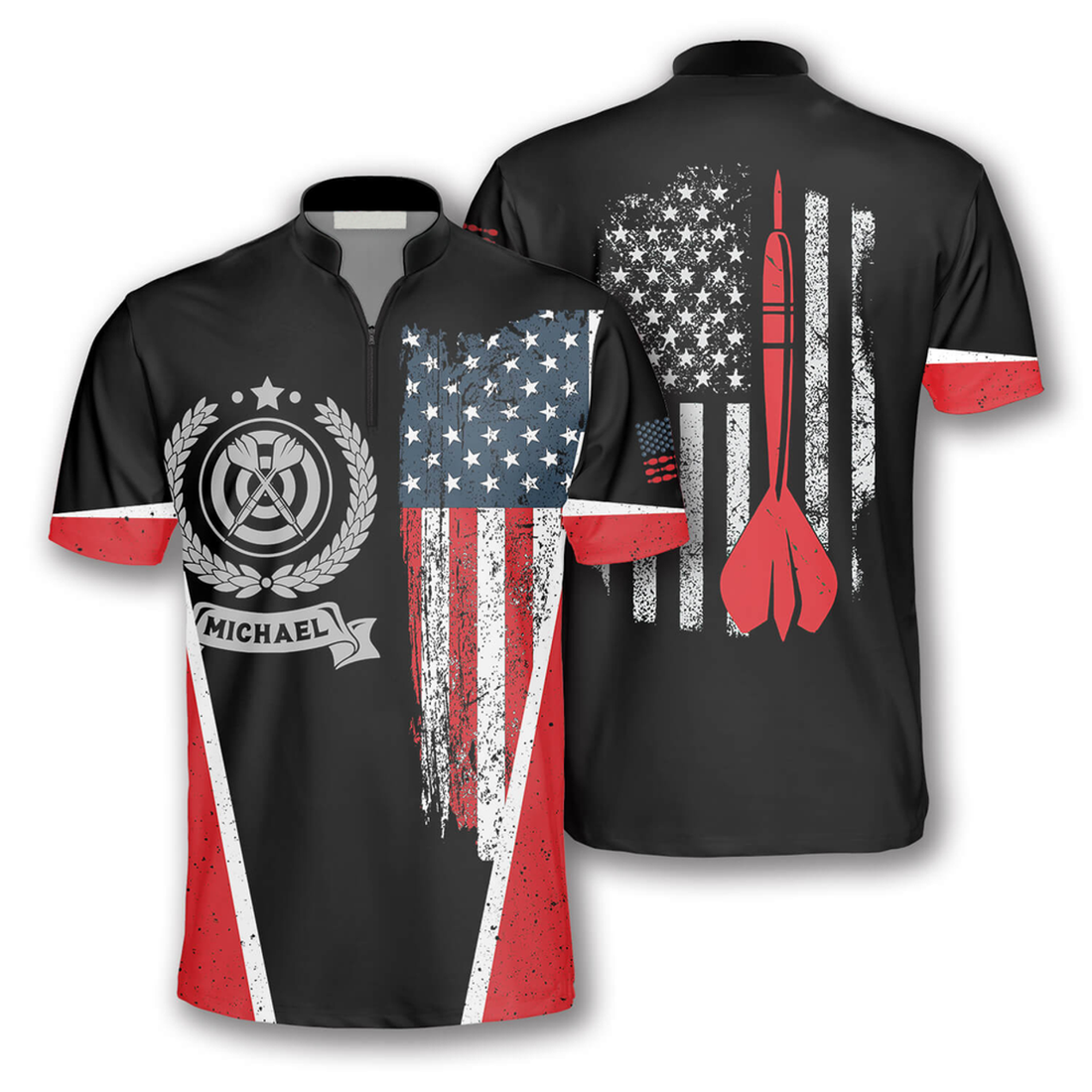 Custom Vintage American Flag Emblem Custom Darts Jerseys for Men, Dart Flag Zipper Polo Shirt, Uniform Dart Team