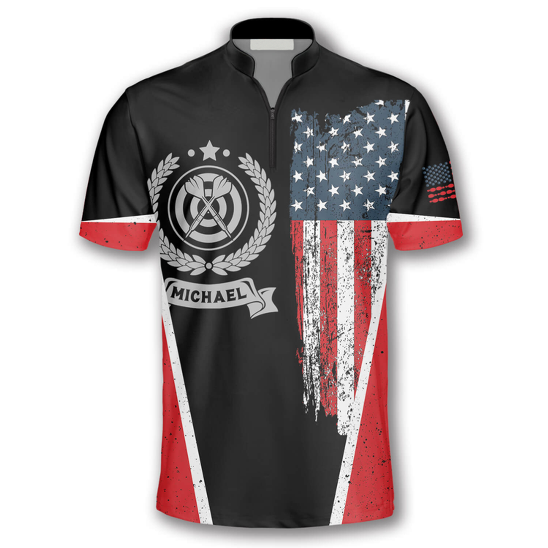Custom Vintage American Flag Emblem Custom Darts Jerseys for Men, Dart Flag Zipper Polo Shirt, Uniform Dart Team