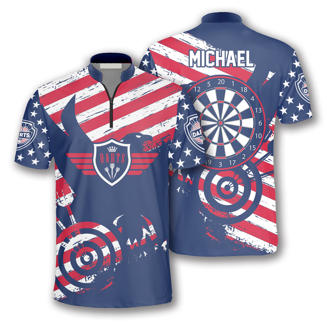 Custom Patriotic Flag Red Blue Custom Darts Jerseys for Men, Crown Dart Shirt, Flag USA Zipper Polo Shirt