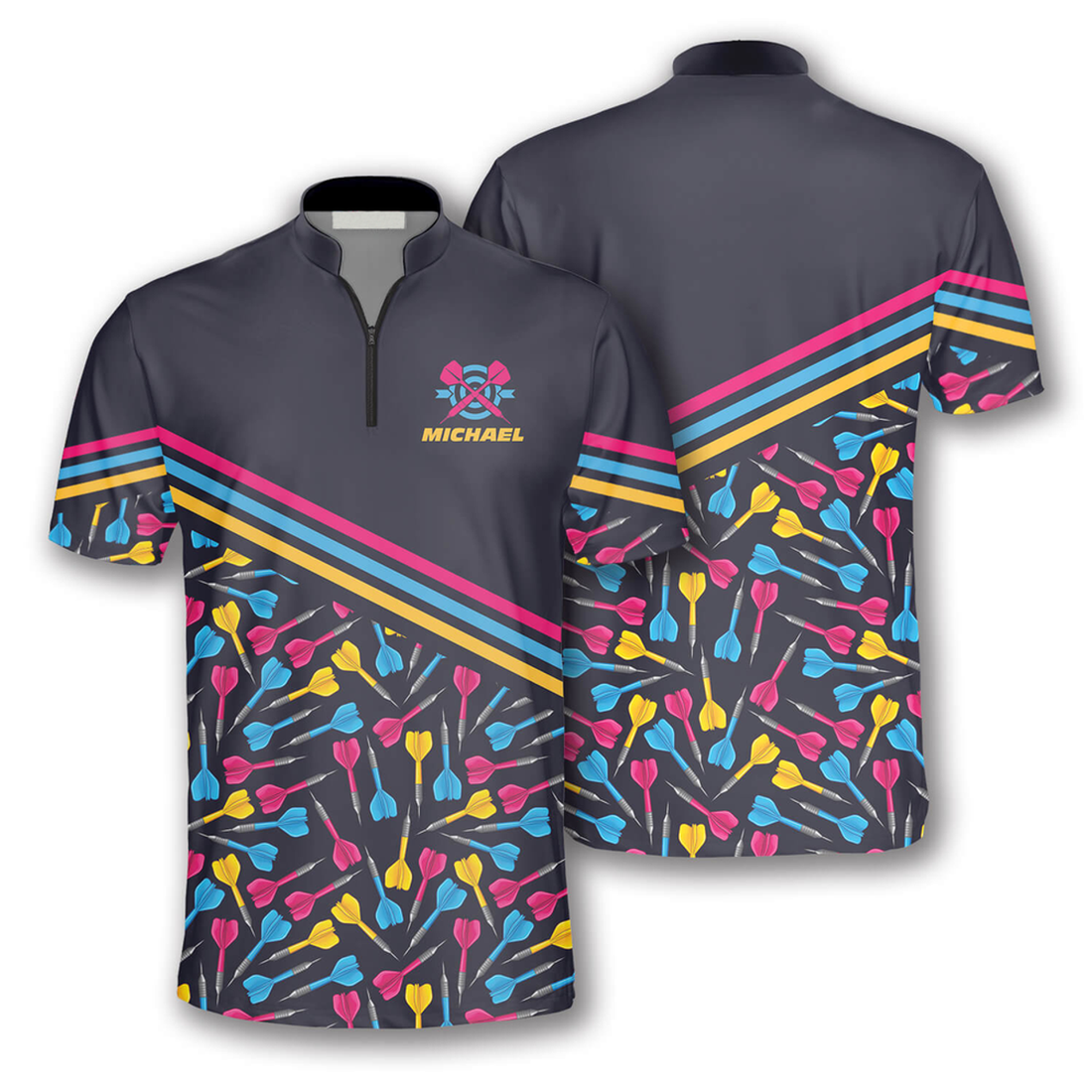 Custom Zipper Polo Shirt Dart Arrow Pattern Navy Custom Darts Jerseys for Men, Personalized Name Dart Shirt