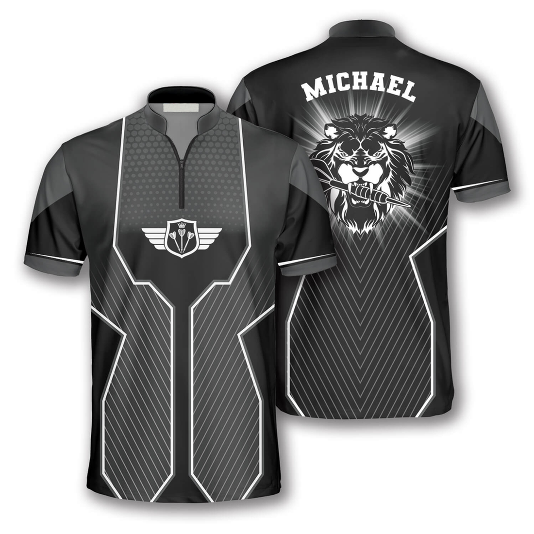 Custom Black Lion Head Custom Darts Jerseys for Men, Zipper Polo Shirt Top Dart Shirt