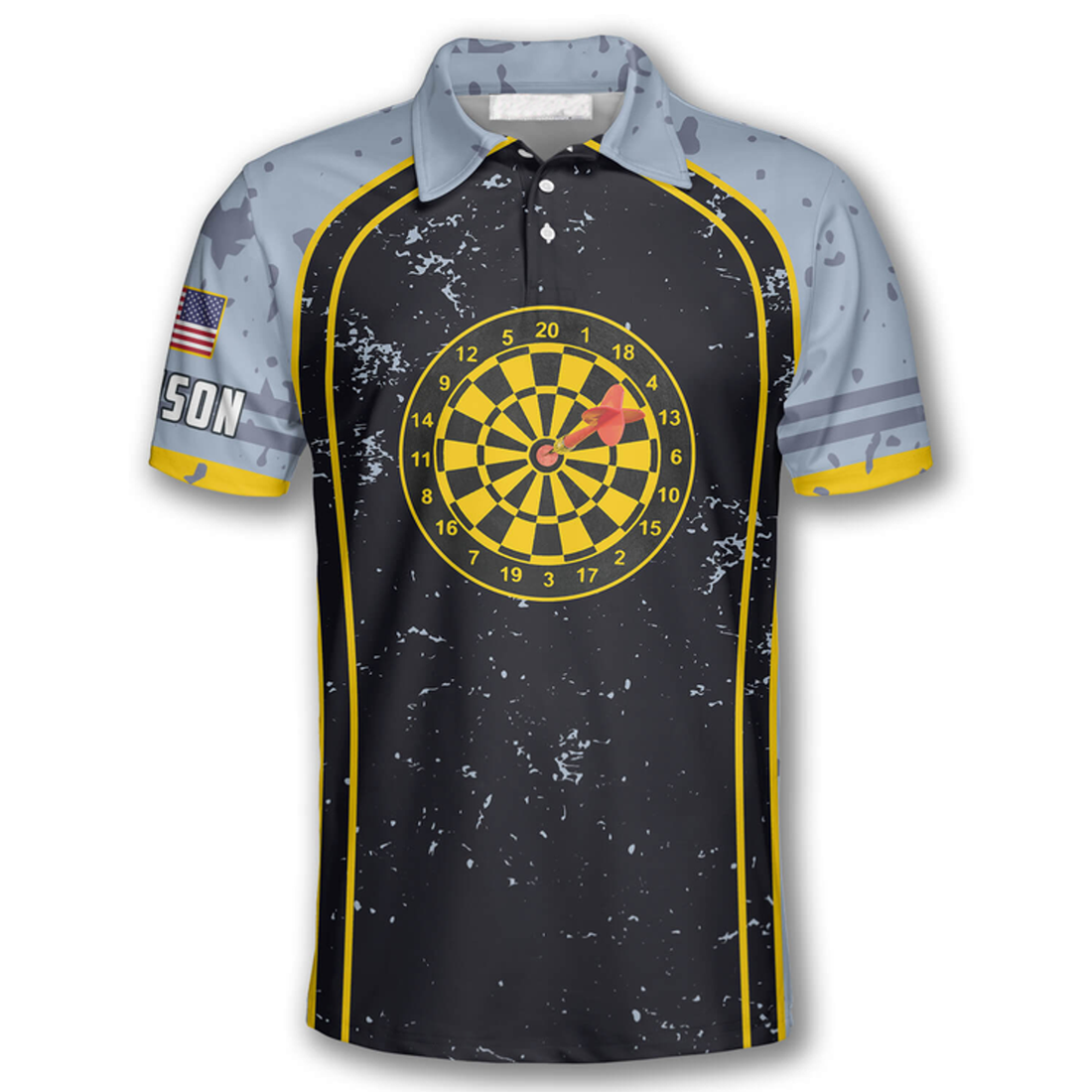 Custom Darts Grunge Style Yellow Dart Board Custom Polo Shirts for Men, USA Dart Player