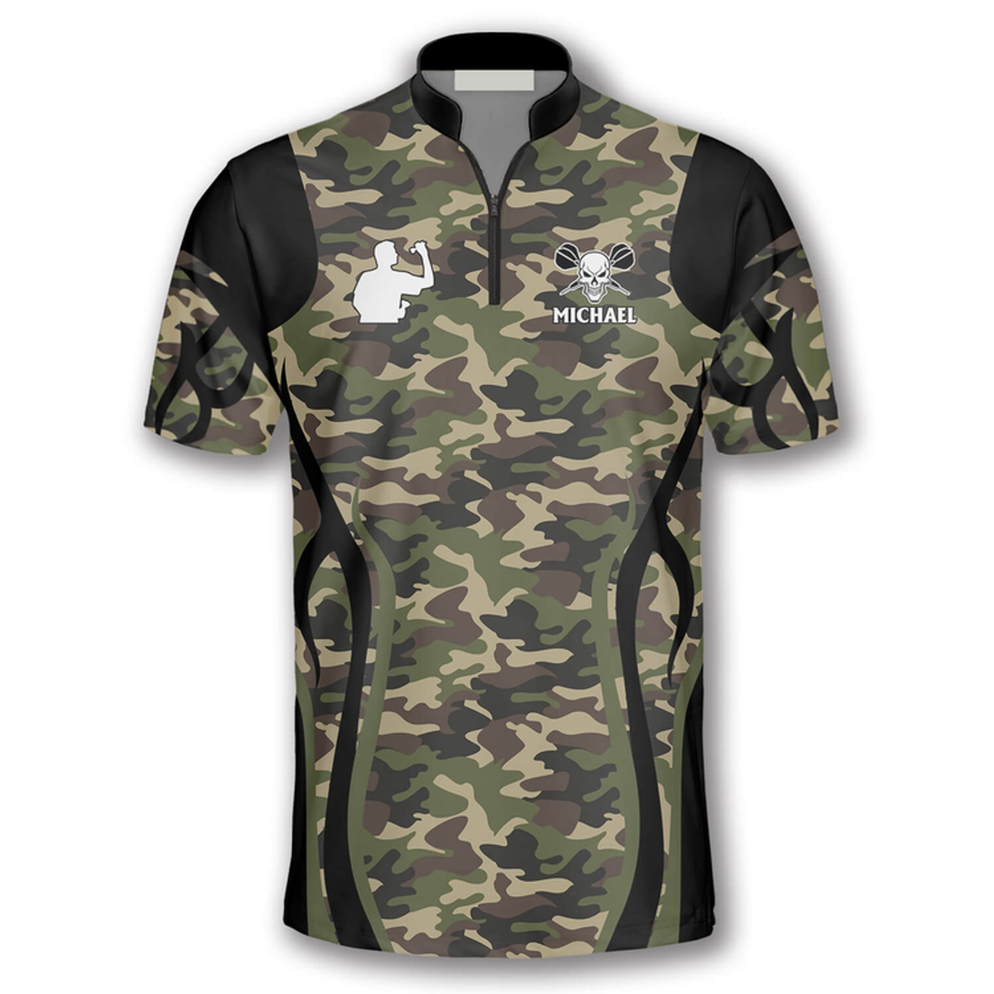 Custom Bull Skull Camo Custom Darts Jerseys for Men, Skull Dartboard Zipper Polo Shirt