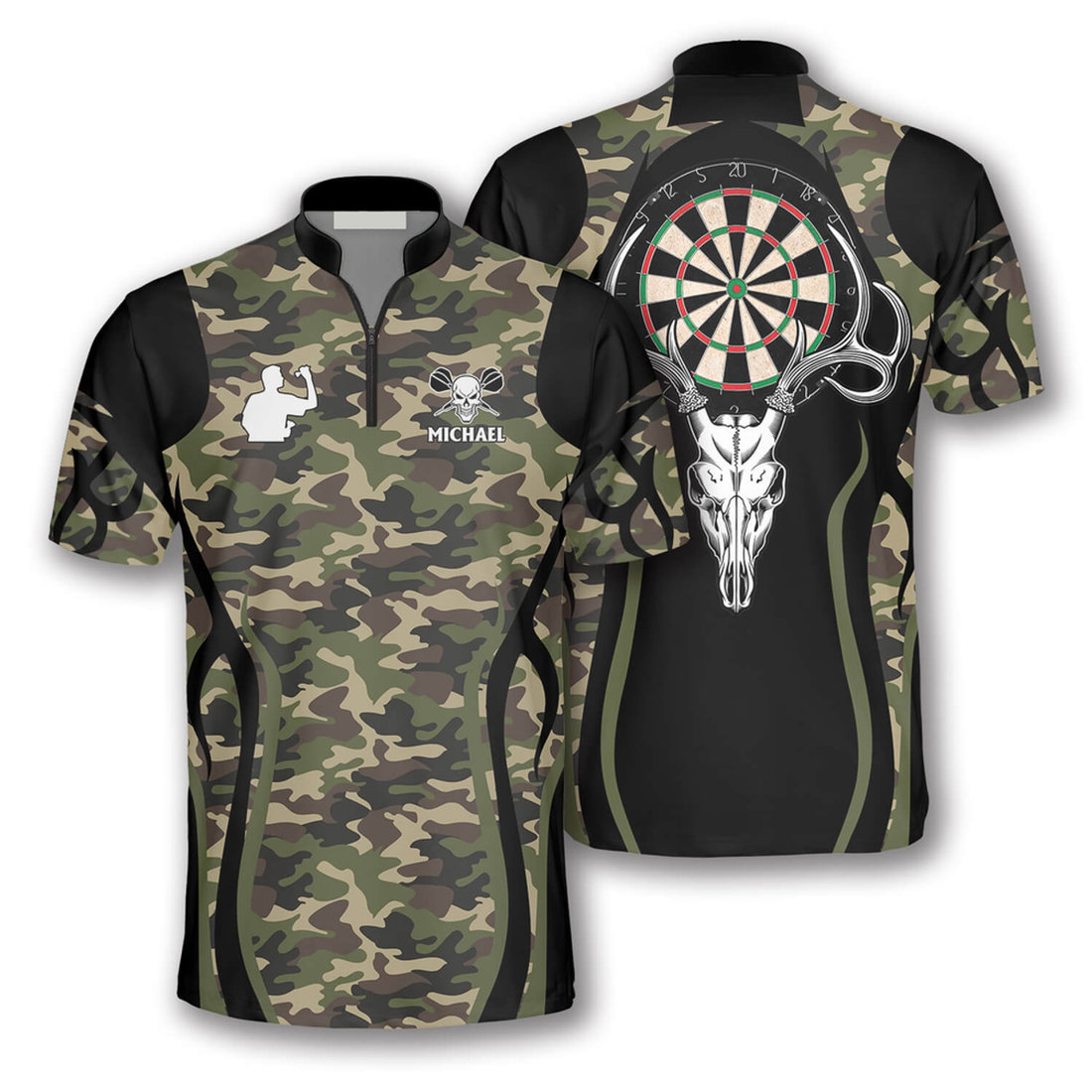 Custom Bull Skull Camo Custom Darts Jerseys for Men, Skull Dartboard Zipper Polo Shirt