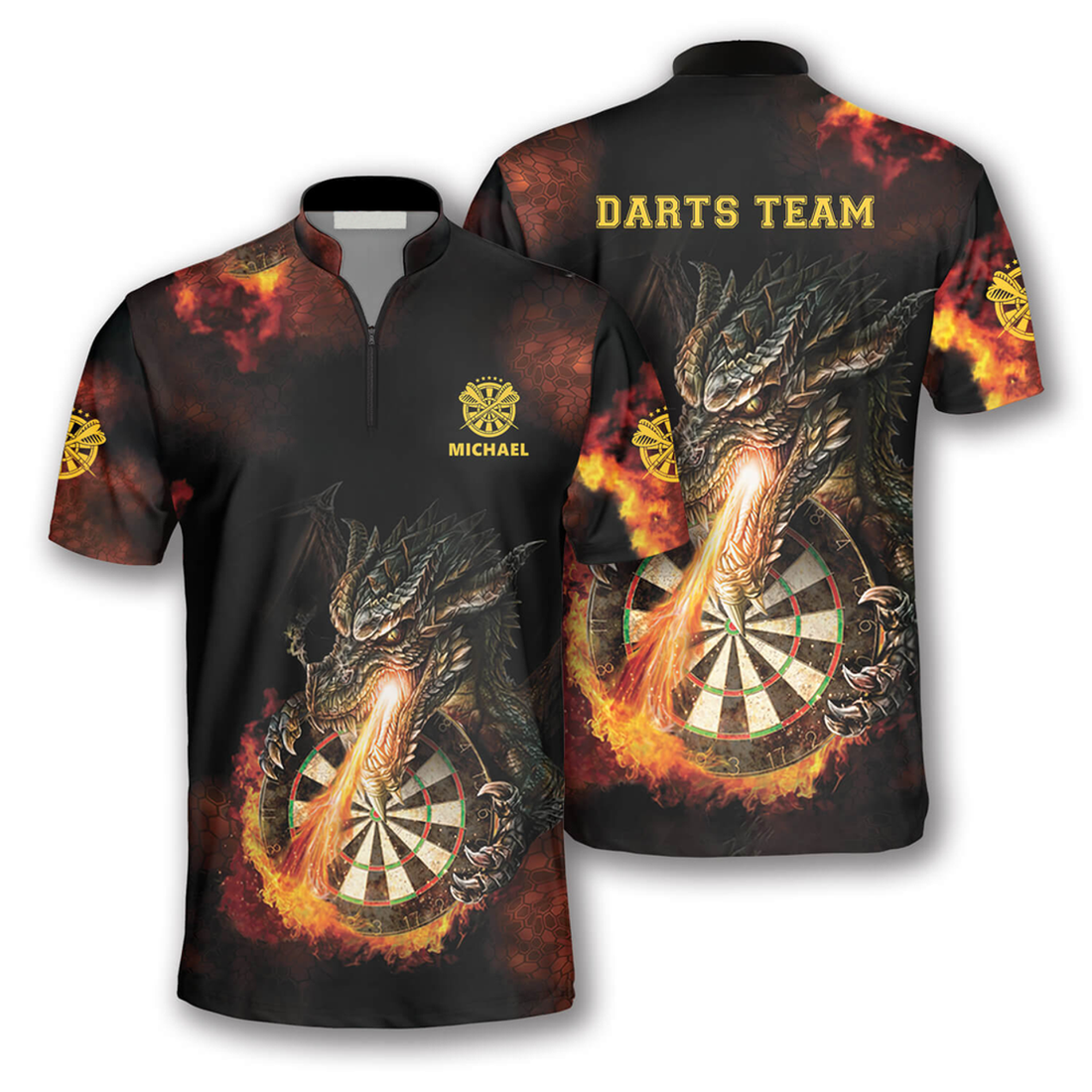 Custom Zipper Polo Shirt Dragon Fire Custom Darts Jerseys for Men, Idea Gift for Dart Team, Dragon Dart Shirt