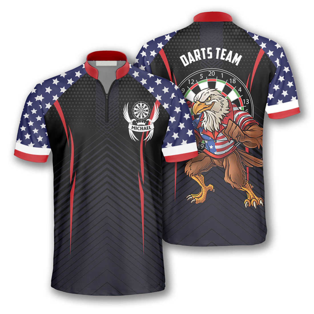 Custom Eagle Flag Stars Pattern Custom Darts Jerseys for Men, Idea Gift for Dart Player, Flag Zipper Polo Shirt