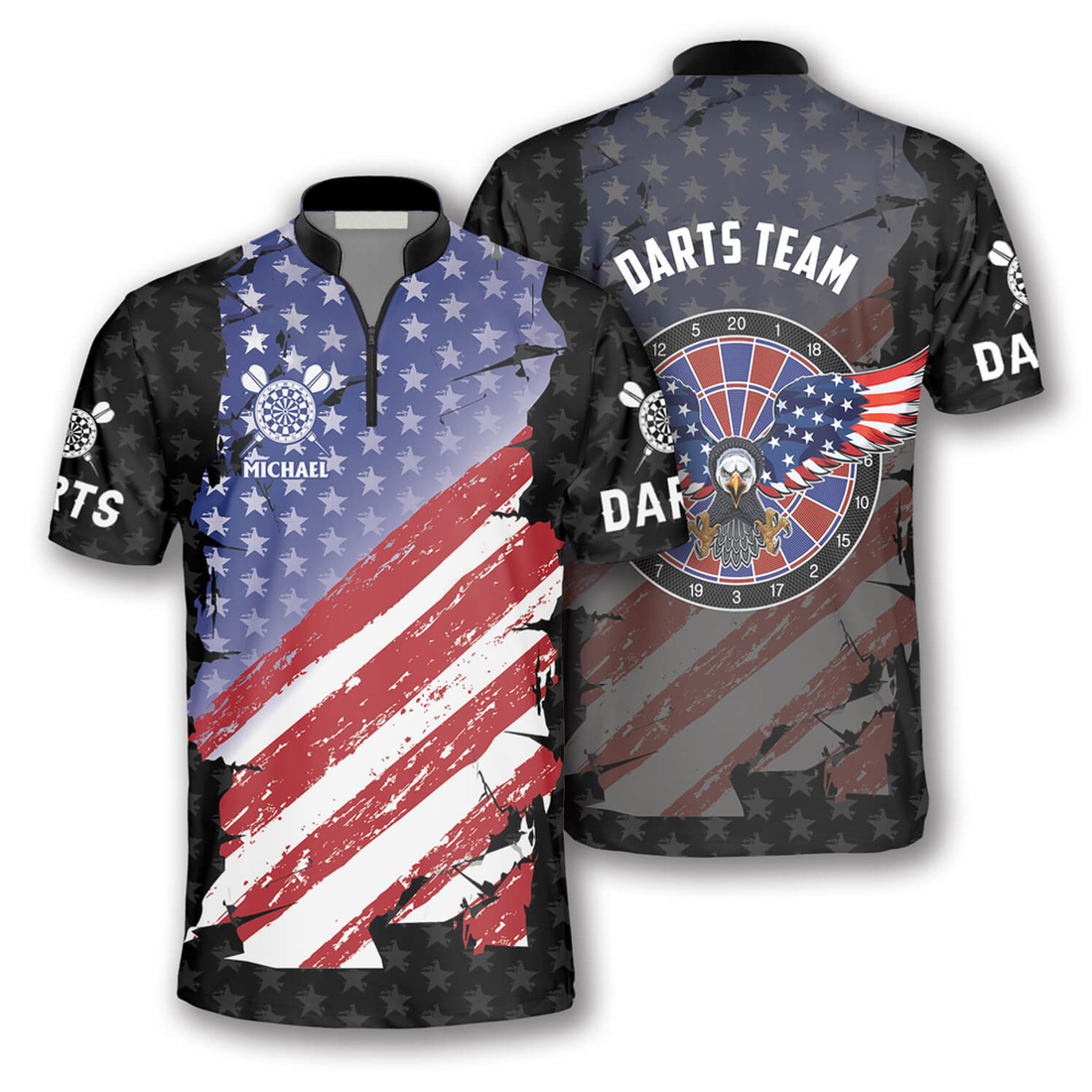 Custom Eagle Flag Stars Pattern Custom Darts Jerseys for Men, Idea Gift for Dart Player, Flag Zipper Polo Shirt