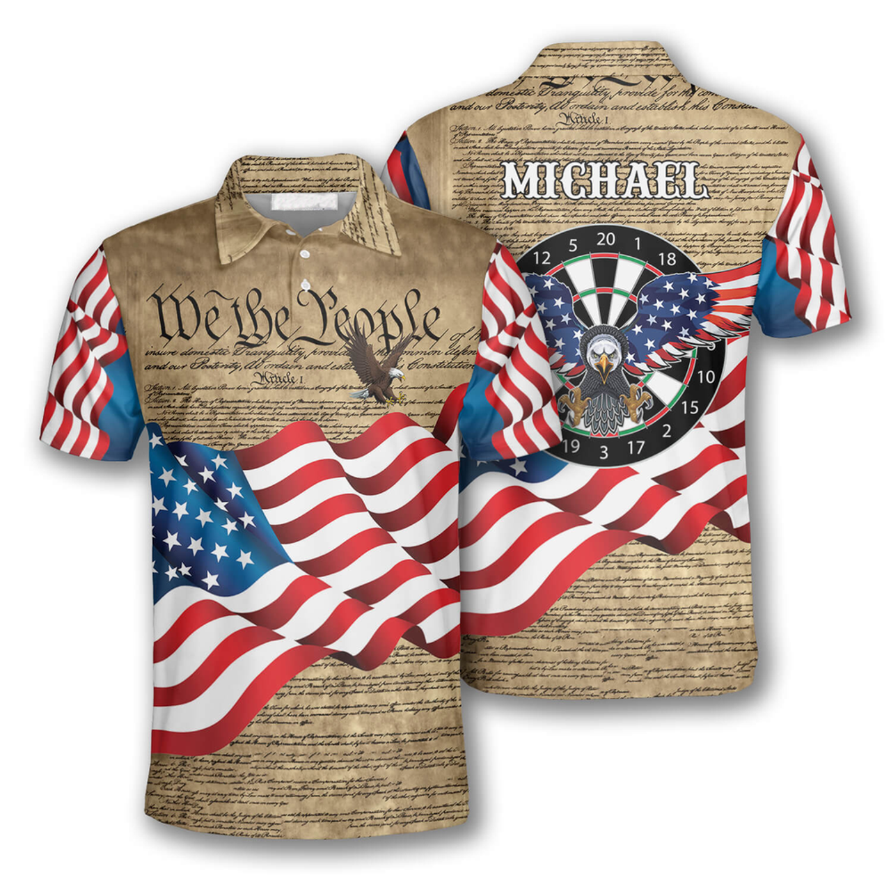 Custom 3D All Over Print Darts Eagle Waving Flag Custom Polo Shirts for Men