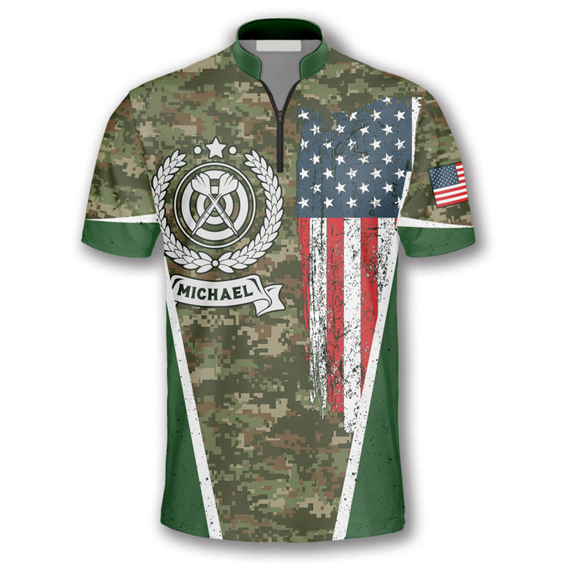 Custom USA Flag Camouflage Emblem Custom Darts Jerseys for Men, Dart Shirt, Flag Zipper Polo Shirt