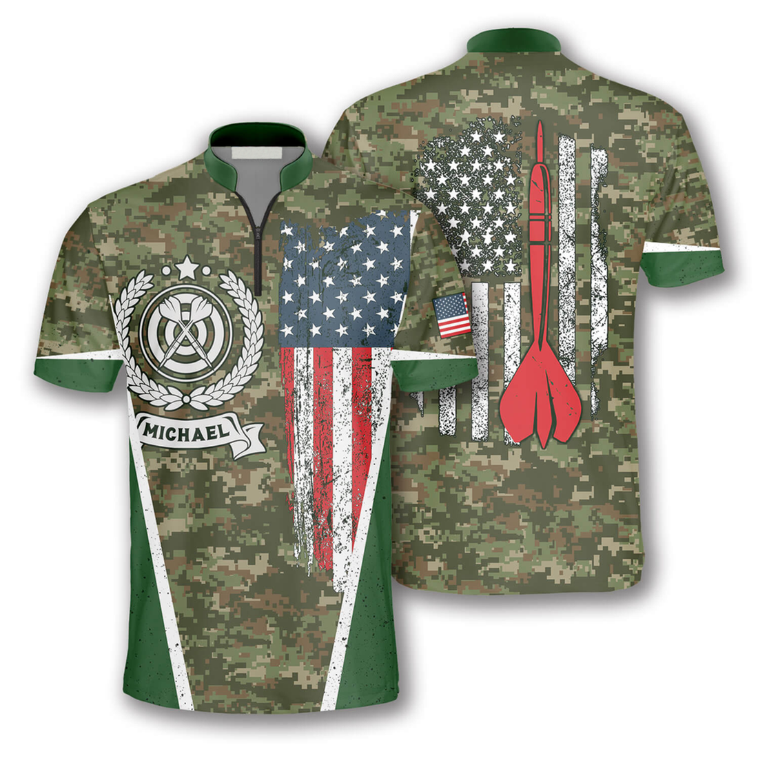 Custom USA Flag Camouflage Emblem Custom Darts Jerseys for Men, Dart Shirt, Flag Zipper Polo Shirt
