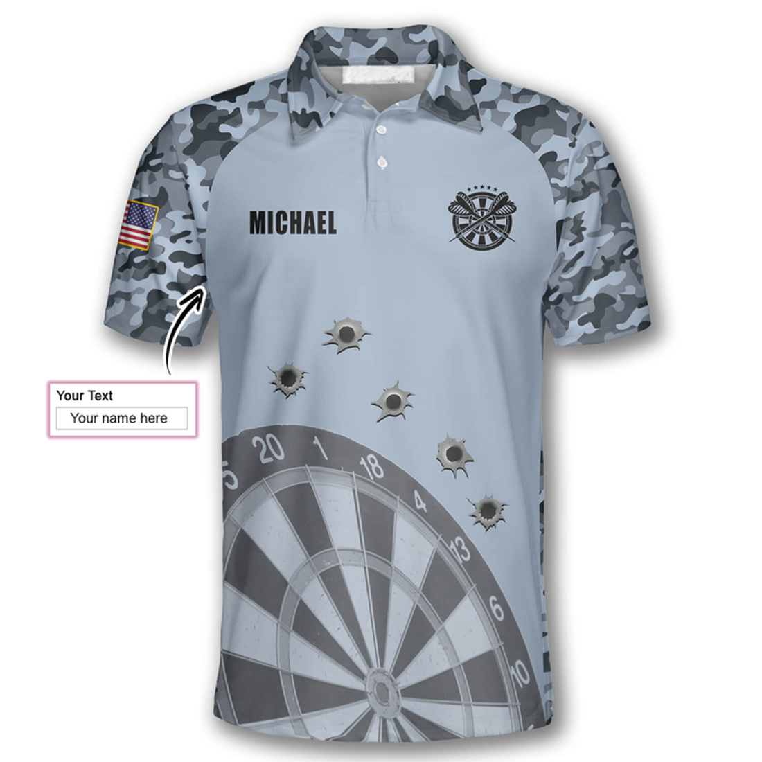 Custom Darts Grey Camouflage Gun Holes Custom Polo Shirts for Men