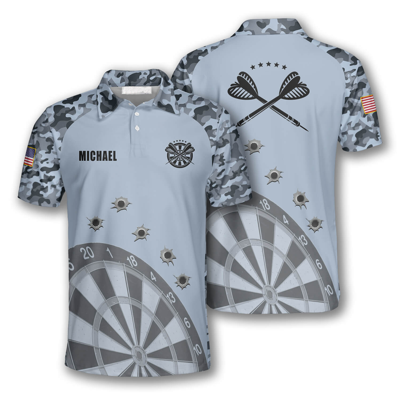 Custom Darts Grey Camouflage Gun Holes Custom Polo Shirts for Men