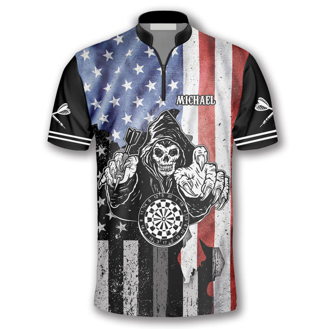 Custom Grim Reaper American Flag Custom Darts Jerseys for Men, Zipper Polo Shirt Dart Shirt, Skull Dart Shirt