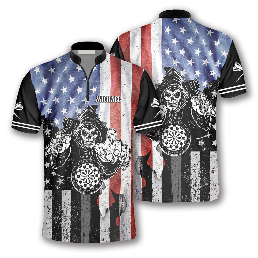 Custom Grim Reaper American Flag Custom Darts Jerseys for Men, Zipper Polo Shirt Dart Shirt, Skull Dart Shirt