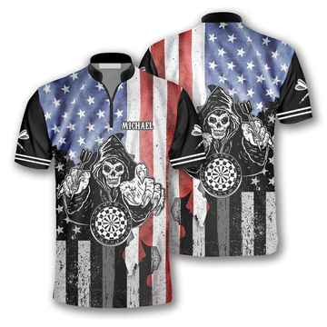 Custom Grim Reaper American Flag Custom Darts Jerseys for Men, Zipper Polo Shirt Dart Shirt, Skull Dart Shirt