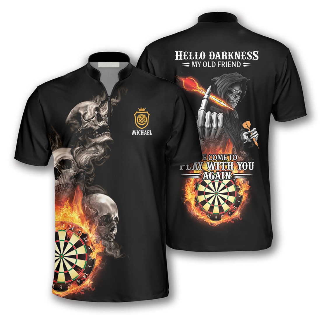Custom Hello Darkness My Old Friend Custom Darts Jerseys for Men, Dart Shirt, Skull Zipper Polo Shirt