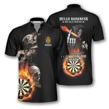 Custom Hello Darkness My Old Friend Custom Darts Jerseys for Men, Dart Shirt, Skull Zipper Polo Shirt