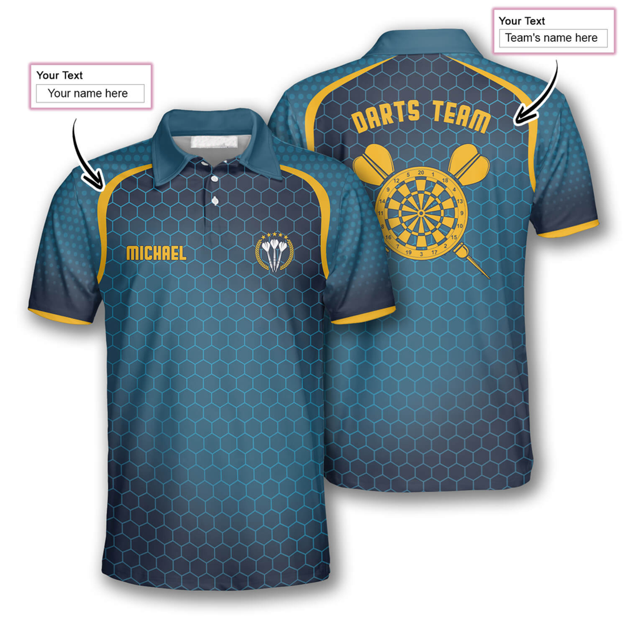 Custom Darts Honeycomb Pattern Yellow Blue Custom Polo Shirts for Men