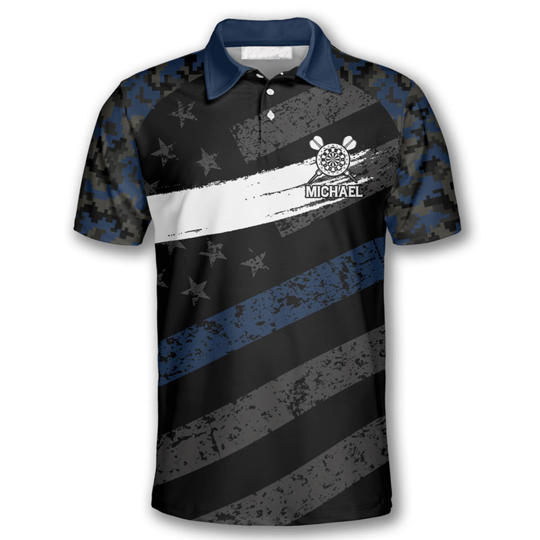 Custom Passionate Blue Camo Custom Darts Shirts for Men, Personalized American Flag Dart Polo Shirt
