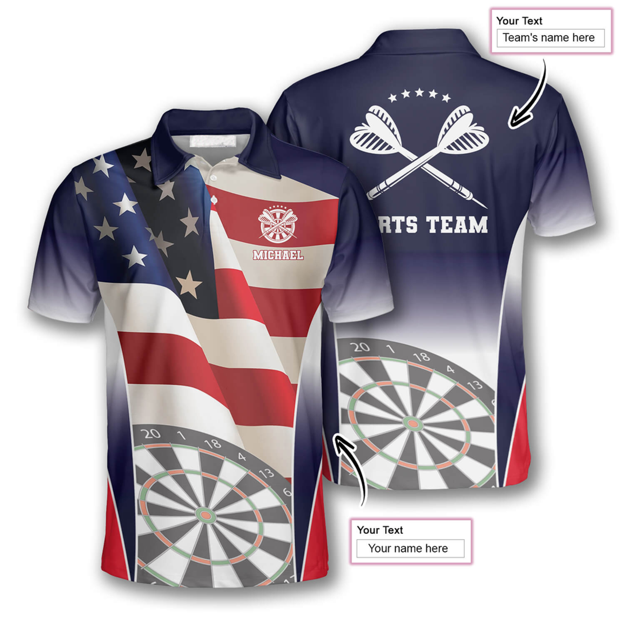 Custom 3D All Over Print Darts Patriotic Flag Version 3 Custom Polo Shirts for Men