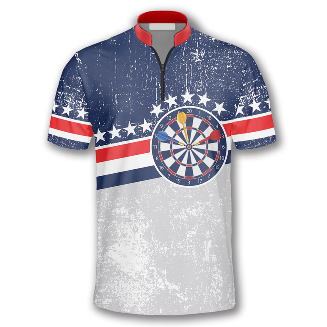 Custom Patriotic Rustic Patch Custom Darts Jerseys for Men, White and Blue Dart Vintage Zipper Polo Shirt