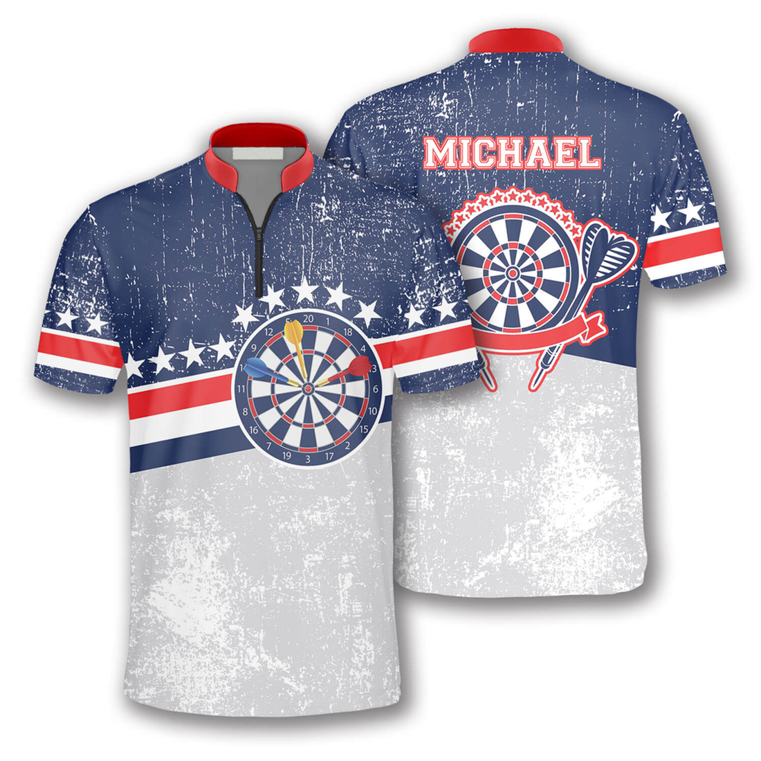 Custom Patriotic Rustic Patch Custom Darts Jerseys for Men, White and Blue Dart Vintage Zipper Polo Shirt