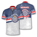 Custom Patriotic Rustic Patch Custom Darts Jerseys for Men, White and Blue Dart Vintage Zipper Polo Shirt