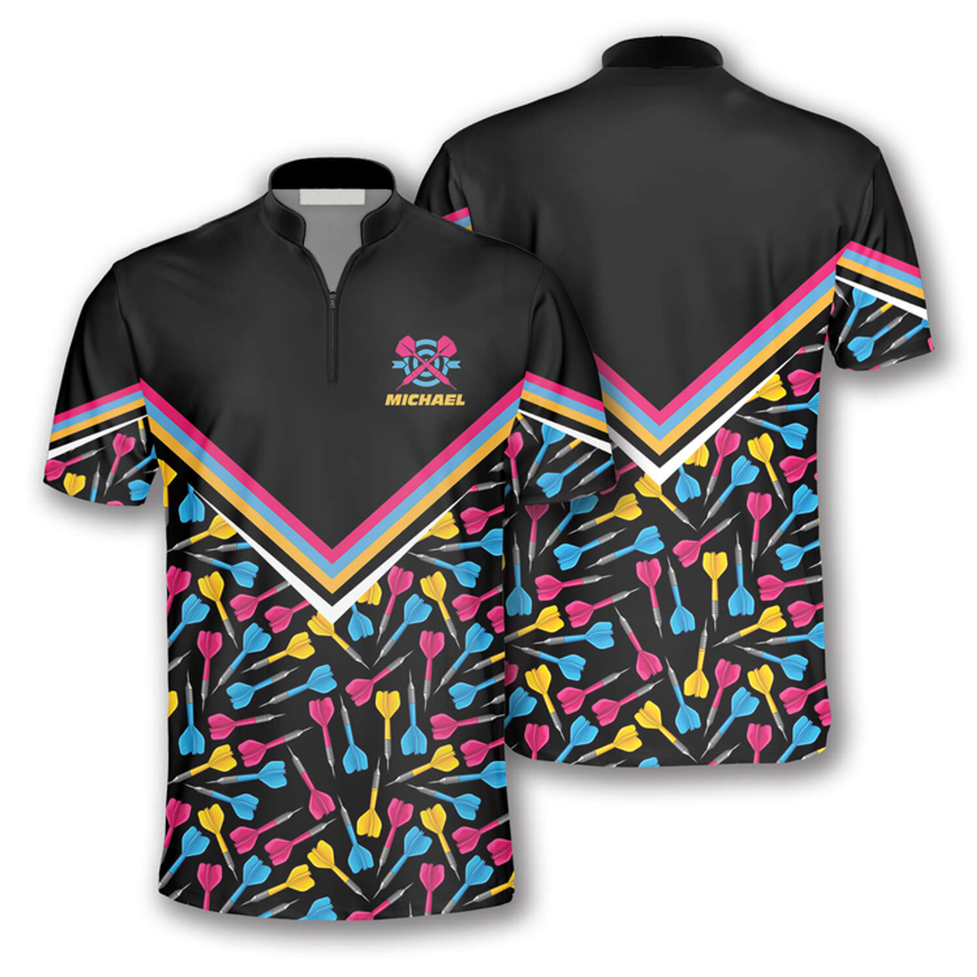 Custom Zipper Polo Shirt Dart Arrow Pattern Navy Custom Darts Jerseys for Men, Personalized Name Dart Shirt