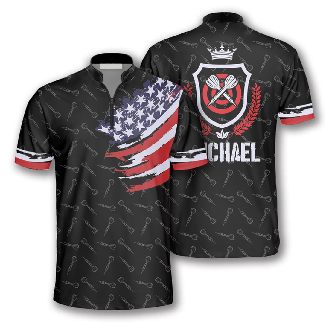 Custom Dart Arrow Pattern American Flag Custom Darts Jerseys for Men, Dart Shirt, Flag Zipper Polo Shirt