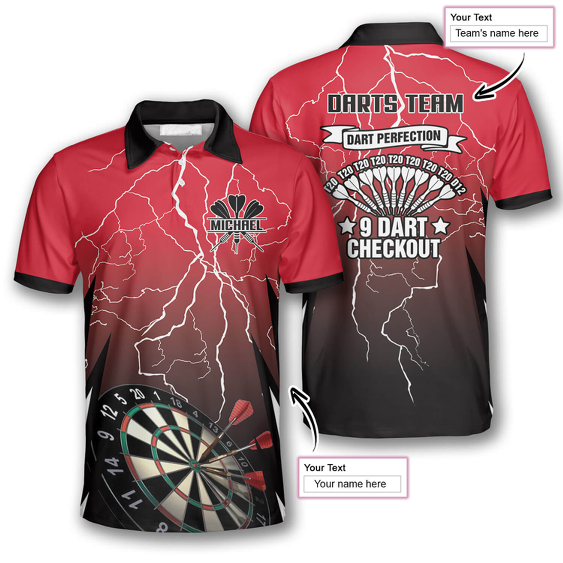 Custom Red Lightning Custom Darts Shirts For Men, Dart Perfection, 9 Dart Checkout Shirt