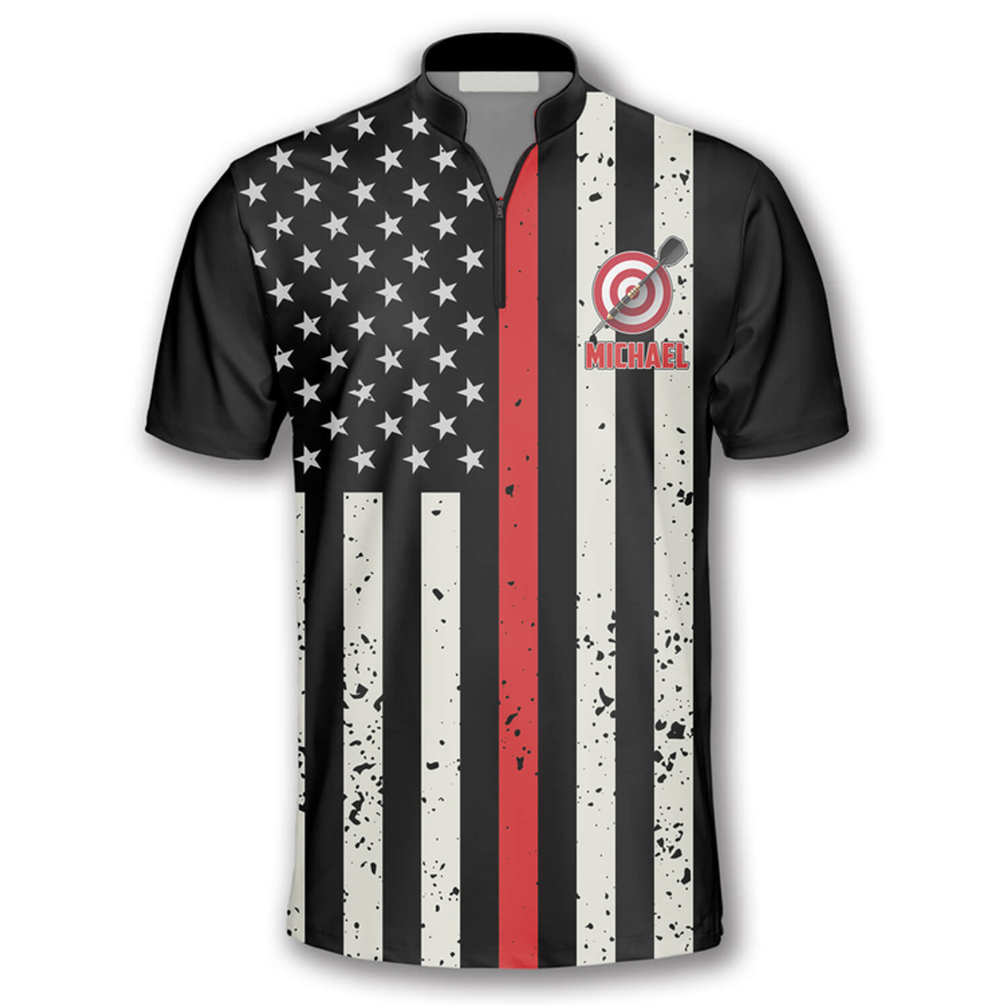 Custom Skull Flag Red Line Custom Darts Jerseys for Men, Zipper Polo Shirt for Dart Player