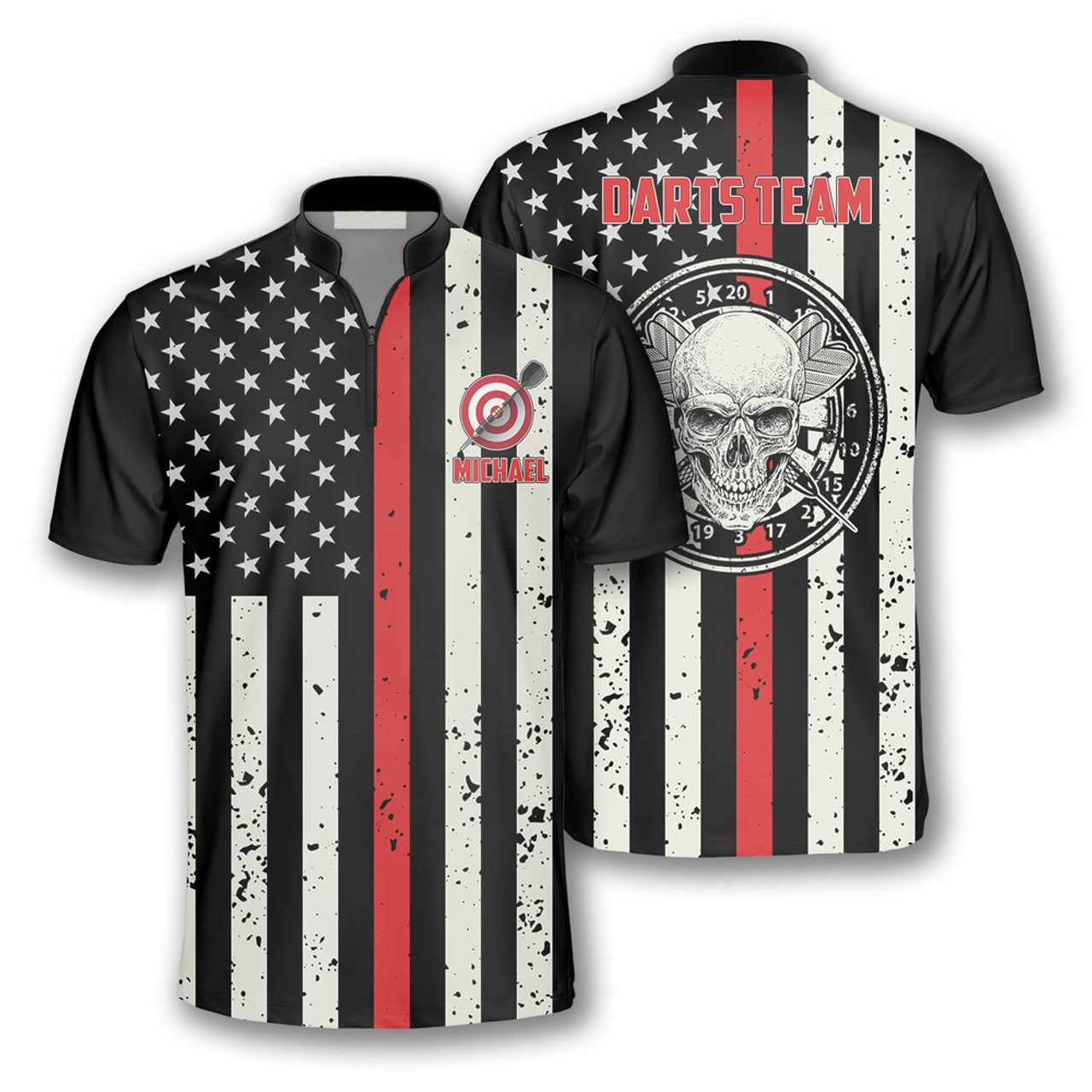 Custom Skull Flag Red Line Custom Darts Jerseys for Men, Zipper Polo Shirt for Dart Player