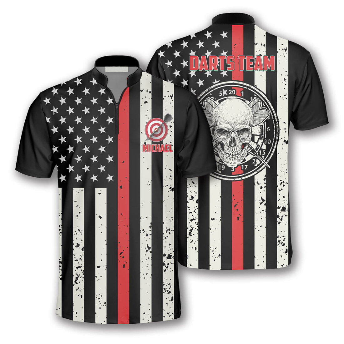Custom Skull Flag Red Line Custom Darts Jerseys for Men, Zipper Polo Shirt for Dart Player