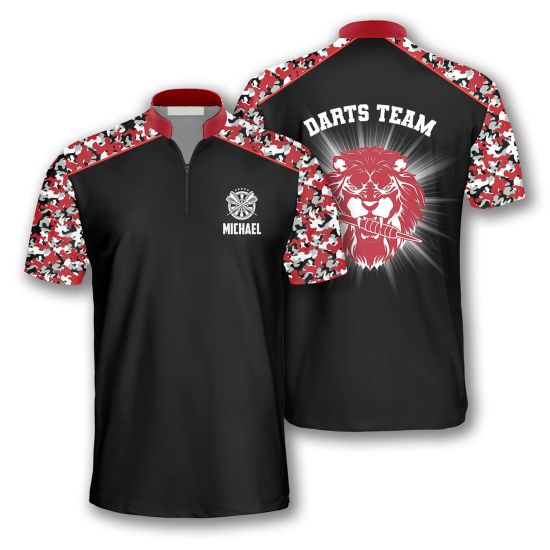 Custom Red Lion Camouflage Custom Darts Jerseys for Men, Black and Camo Dart Jersey Shirt