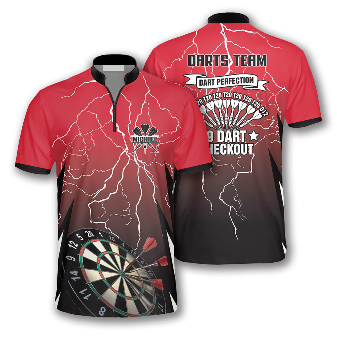 Custom Red Storm Custom Darts Jerseys for Men, Dartboard Pattern Zipper Polo Shirt