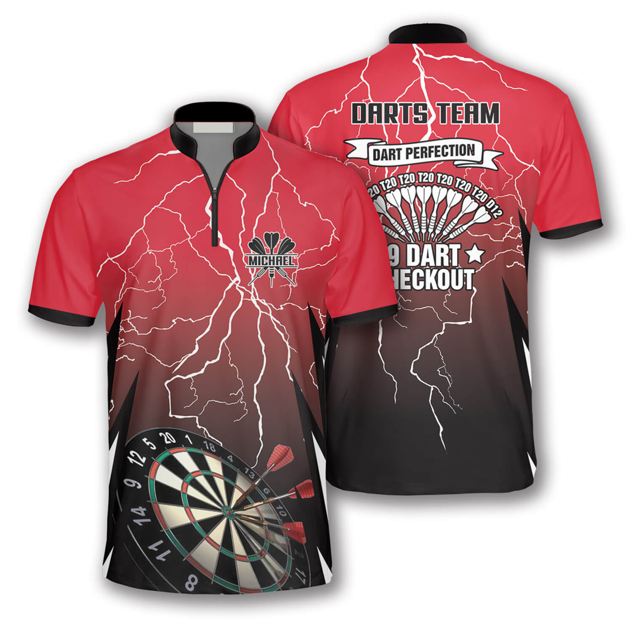 Custom Red Storm Custom Darts Jerseys for Men, Dartboard Pattern Zipper Polo Shirt