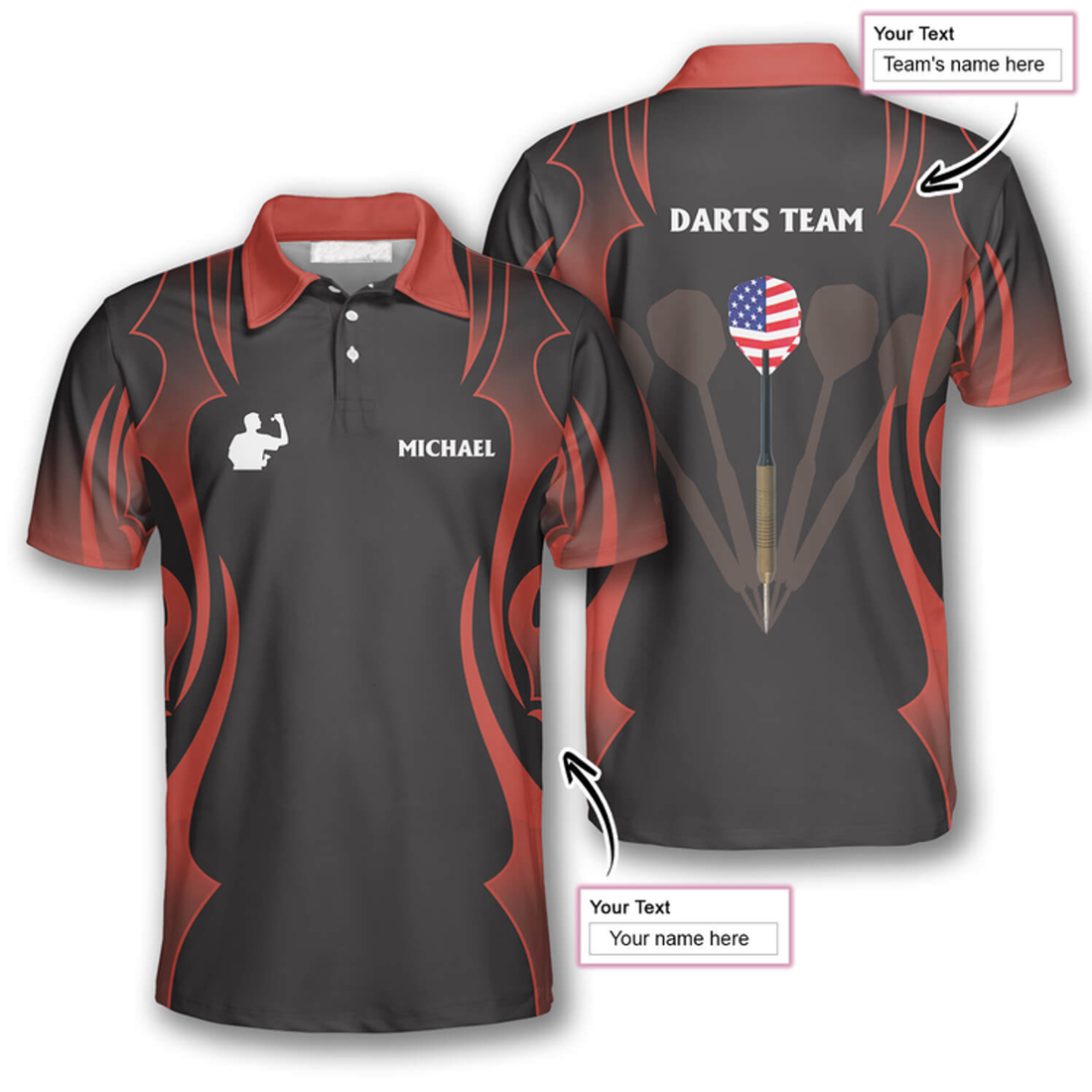 Custom Red Tattoo Pattern Custom Darts Shirts For Men, Custom Dart Team Uniform