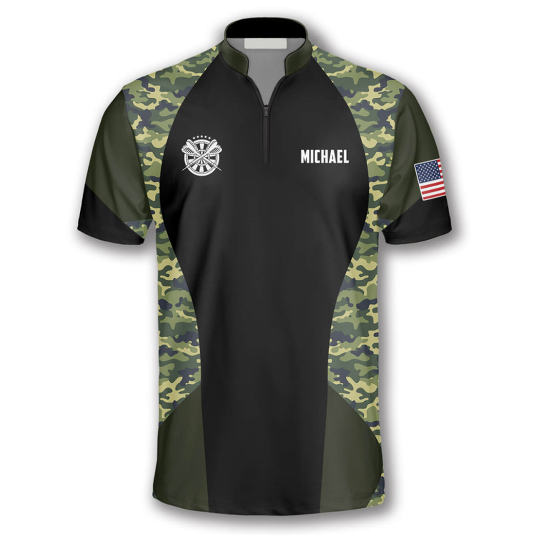 Custom Skull Camouflage Waving Flag Custom Darts Jerseys for Men, Red Dart Skull Zipper Polo Shirt, Jersey Shirt for Dart Player