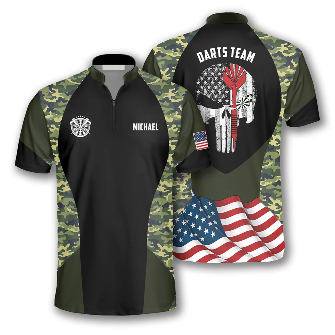 Custom Skull Camouflage Waving Flag Custom Darts Jerseys for Men, Red Dart Skull Zipper Polo Shirt, Jersey Shirt for Dart Player