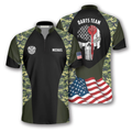Custom Skull Camouflage Waving Flag Custom Darts Jerseys for Men, Red Dart Skull Zipper Polo Shirt, Jersey Shirt for Dart Player