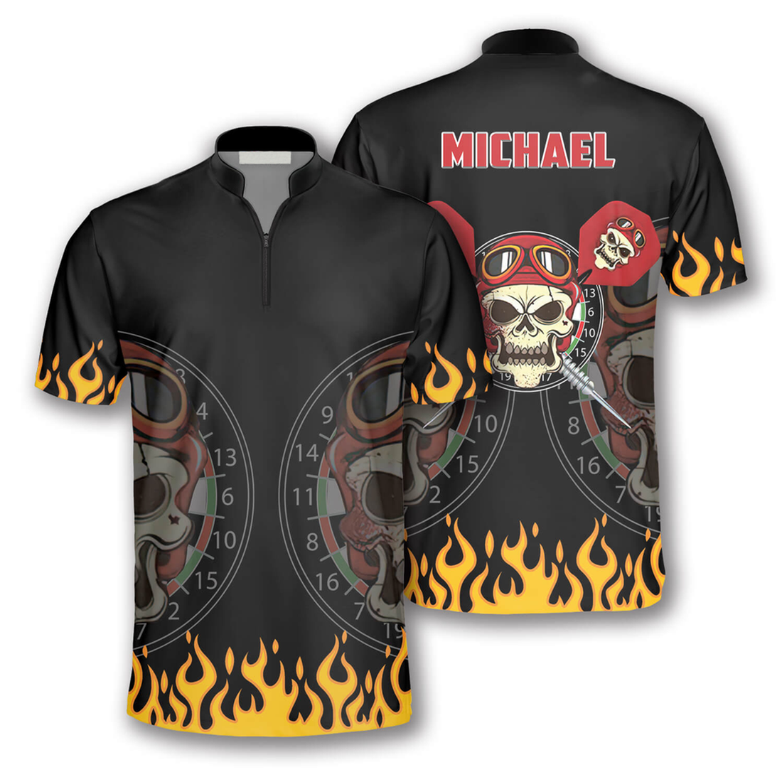 Custom Darts Skull Flame Custom Darts Jerseys for Men, Perfect Shirt for Dart Team, Dart Shirt, Skull Zipper Polo Shirt
