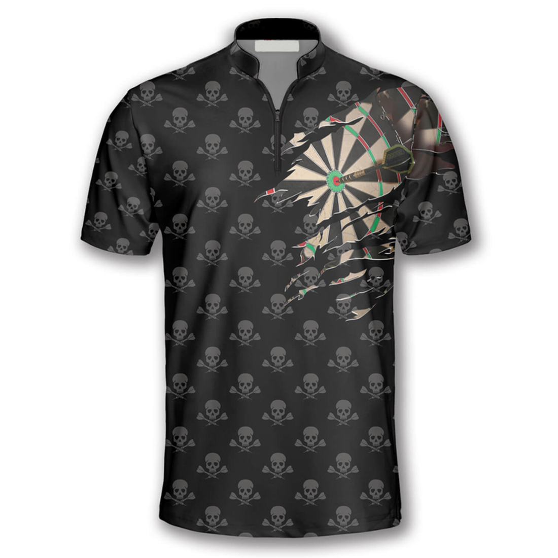 Custom Darts Skull Pattern Crown Emblem Custom Darts Jerseys for Men, Dart Shirt, Skull Zipper Polo Shirt