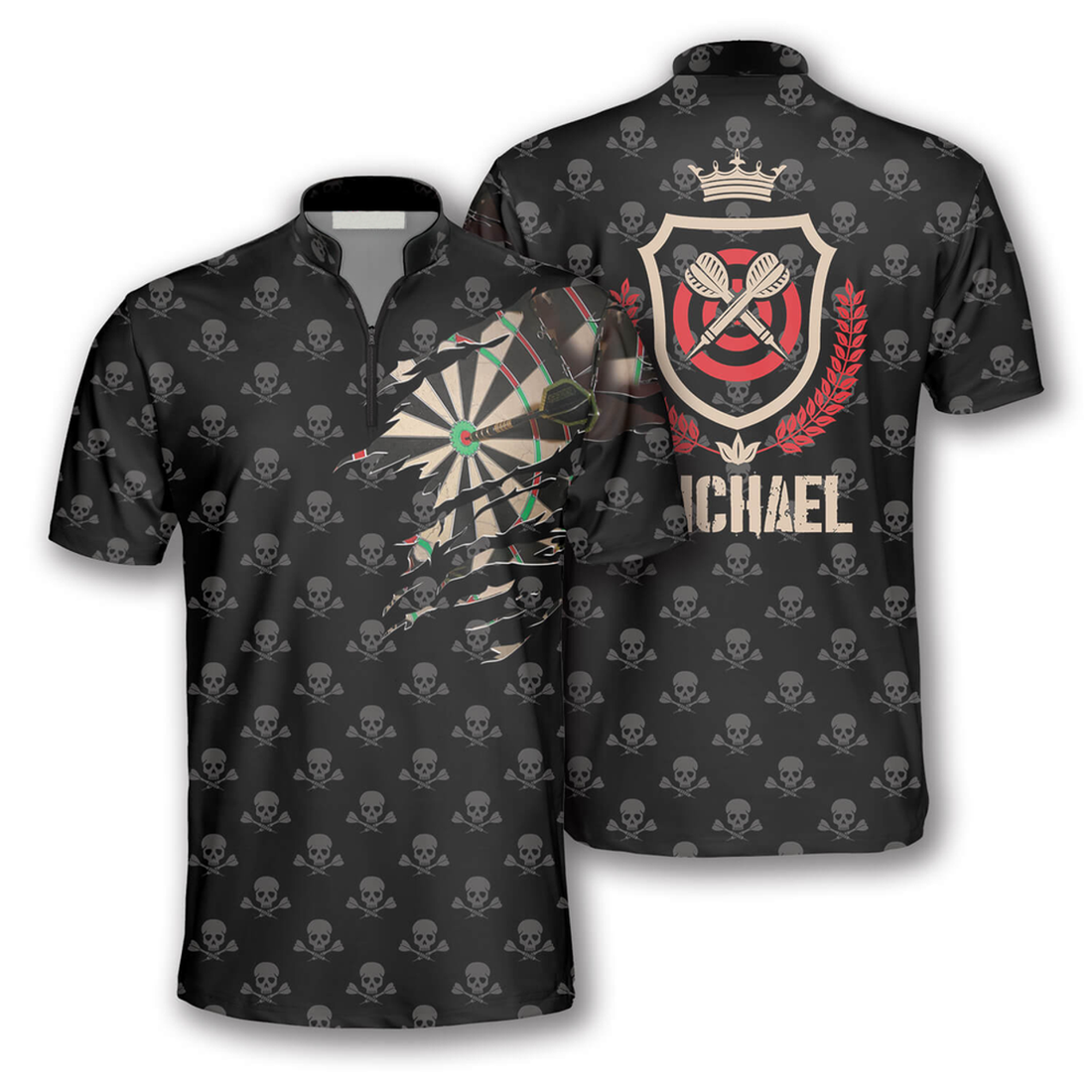 Custom Darts Skull Pattern Crown Emblem Custom Darts Jerseys for Men, Dart Shirt, Skull Zipper Polo Shirt
